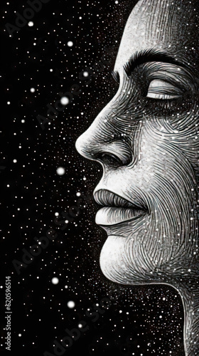 Face of a beautiful woman on a black background with stars