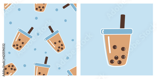 Seamless pattern with bubble milk green tea cups on blue background vector illustration.