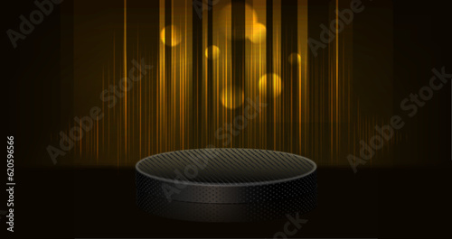 Gold podium for product presentation vector illustration. Abstract empty golden award platform with neon glowing round frame and rays, glitter confetti sparkle rain falling from above background