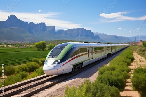 A train traveling through a lush green countryside. AI
