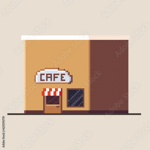 Cafe storefront in pixel art style.Vector illustration.Coffee shop building