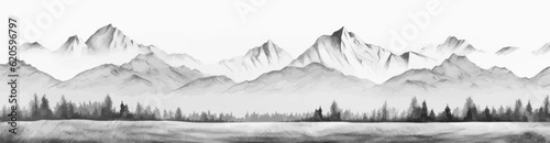 Hand drawn mountain range nature landscape. Greyscale abstract panorama with rocky mountains skyline. Vector illustration.