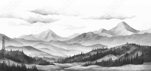Hand drawn mountain range nature landscape. Greyscale abstract panorama with rocky mountains skyline. Vector illustration.