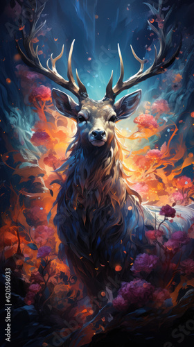 A painting of a deer in a field of flowers. Generative AI.