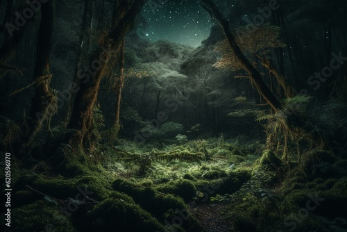 Enchanting forest at night, with magical lights casting a mystical ambiance. Generative AI