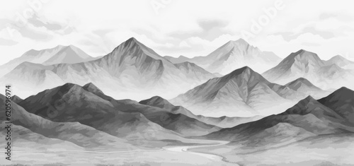 Hand drawn mountain range nature landscape. Greyscale abstract panorama with rocky mountains skyline. Vector illustration.