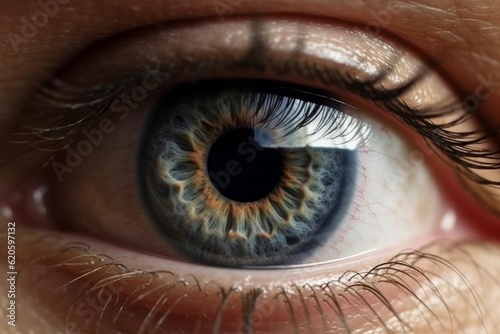 Illustration of a close up of a person's blue eye created using generative AI technology