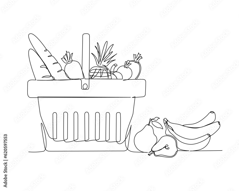 Continuous one line drawing of Grocery basket. Vegetables, fruits and ...