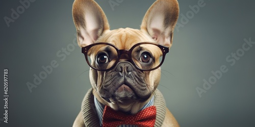 Portrait of a clever dog wearing eyeglasses, concept of Animal intelligence, created with Generative AI technology