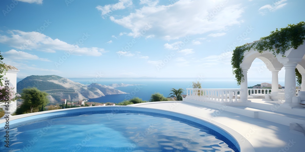 Traditional mediterranean white house with pool on hill with stunning sea view. Summer vacation background. Created with generative Ai