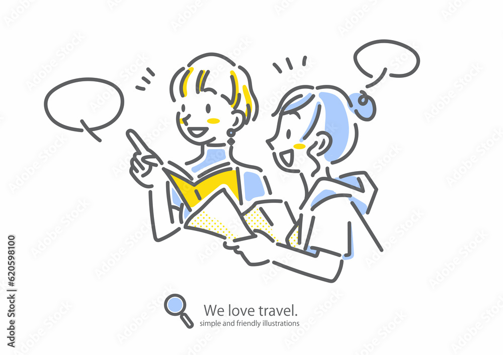 旅先で地図やガイドブックを見ながら観光を楽しむ女性ふたり　女子旅　シンプルでお洒落な線画イラスト