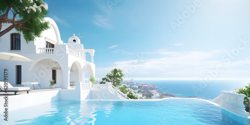 Traditional mediterranean white house with pool on hill with stunning sea view. Summer vacation background