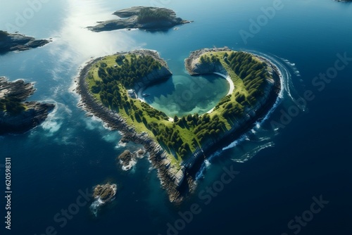 A heart shaped island in the middle of the ocean. AI ©  Creative_studio