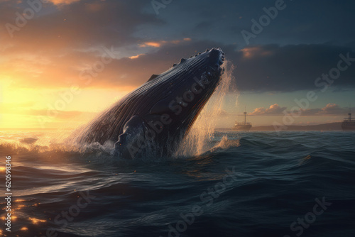 Experience the beauty and power of a humpback whale breaching out of the ocean, surrounded by the blue aquatic environment. Witness the majesty. AI Generative.