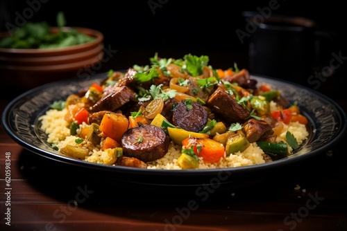 A plate of food on a table with a glass of orange juice. AI