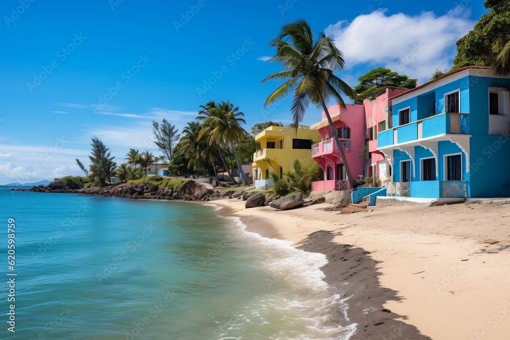 A tropical beach with palm trees and a house. AI