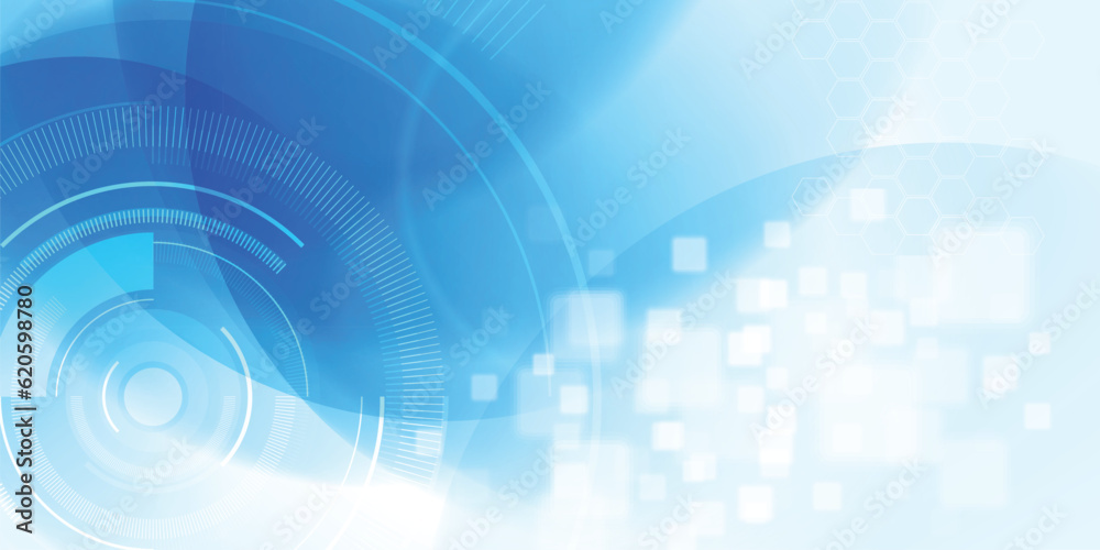Abstract blue background with futuristic science and technology elements, geometric designs of hexagons, curves and circles. Vector illustration. Abstract blue background with futuristic science and technology elements, geometric designs of hexagons, curves and circles. Vector illustration.