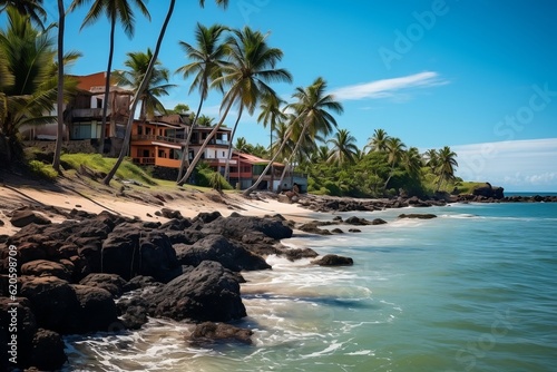 A tropical beach with palm trees and a house. AI