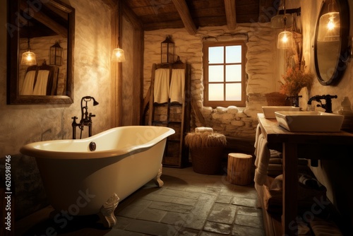 Illustration of Bathroom with a Claw Foot Tub and Stone Walls  created using generative AI