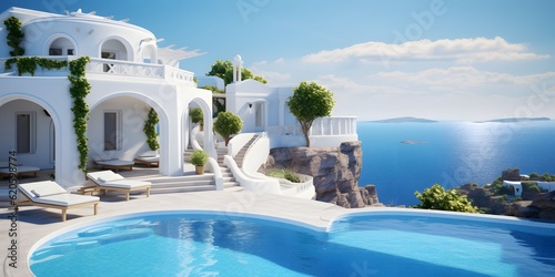 Traditional mediterranean white house with pool on hill with stunning sea view. Summer vacation background © Jing