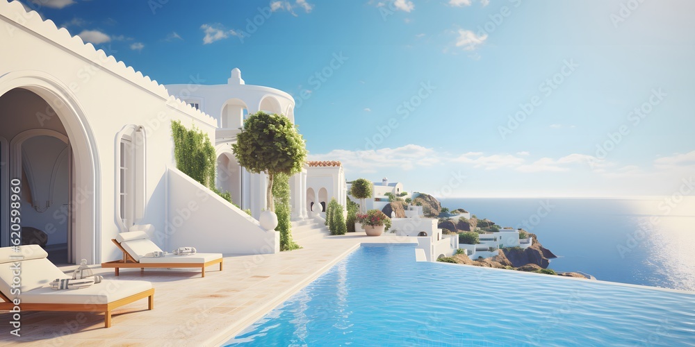 Fototapeta premium Traditional mediterranean white house with pool on hill with stunning sea view. Summer vacation background