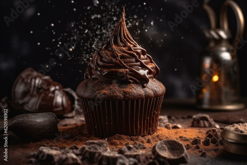 Intensely rich chocolate cupcake, smothered with lavish chocolate icing and dusted with powdered sugar. Generative AI