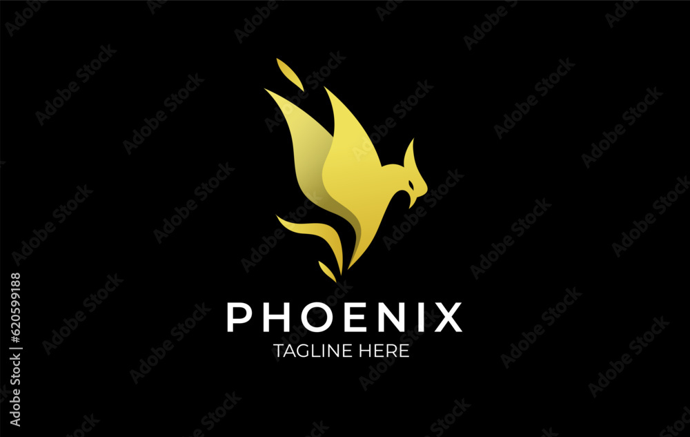 Obraz premium Gold Phoenix Bird Logo design, Golden Phoenix logo, Gold Bird logo, Simple, Branding, Phoenix logo with Golden Gradient, Template Vector Eps file