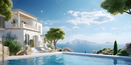 Traditional mediterranean white house with pool on hill with stunning sea view. Summer vacation background © Jing