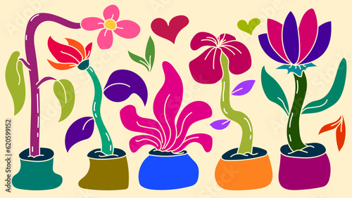 set of hand drawn beautiful colorful flowers in pot  vector illustration design