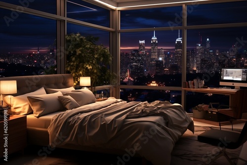 A bedroom with a view of the city at night. AI