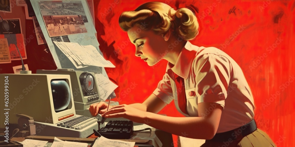 Soviet propaganda poster with an office worker at computer, concept of ...