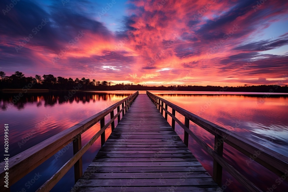 A wooden walkway leading to a sunset over a marsh. AI