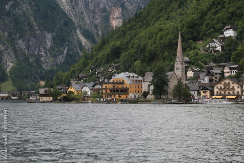 Houses on the shore of a lake with mountains in the background, Austria
