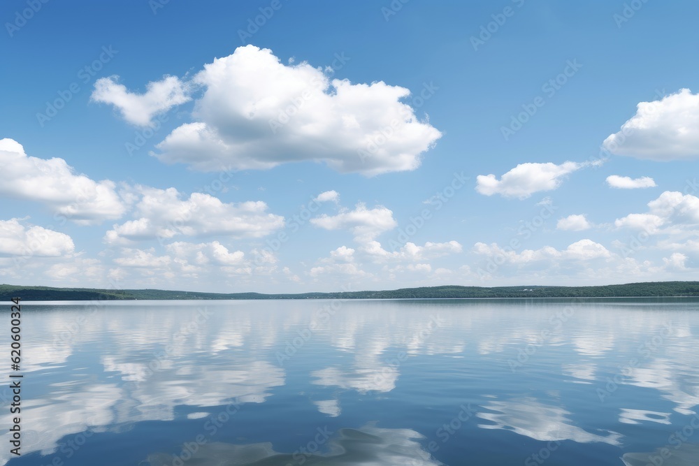 Illustration of a serene lake reflecting the clouds in the sky, created using generative AI