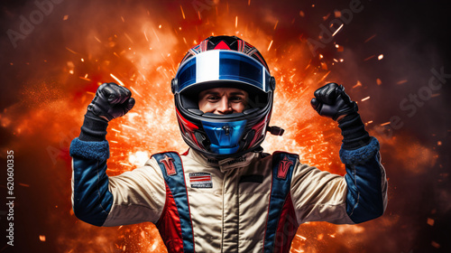 Portrait of a racer in a helmet and gloves on a fiery background celebrating victory in the race. Generative AI © Anna