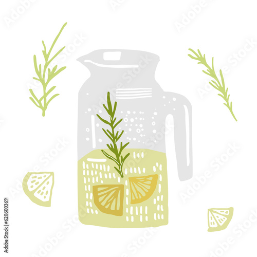Homemade water with rosemary and lemon. Vector illustration