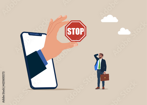 Businessman through the smartphone keeps sign stop. Important news, danger situation. Vector illustration. 