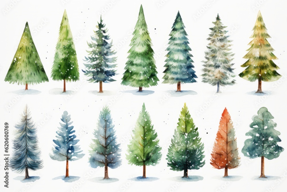 Set of Colorful Christmas watercolor trees on the white background. A lot of fir-trees. Decorative wallpaper, good for printing. Happy New Year. Winter time