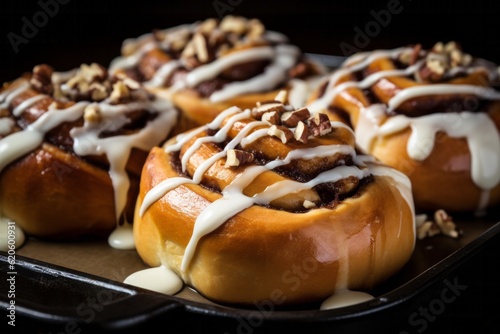 Homemade cinnamon buns in glaze on a dark plate with nuts and sauce, dark background. Generative AI. 