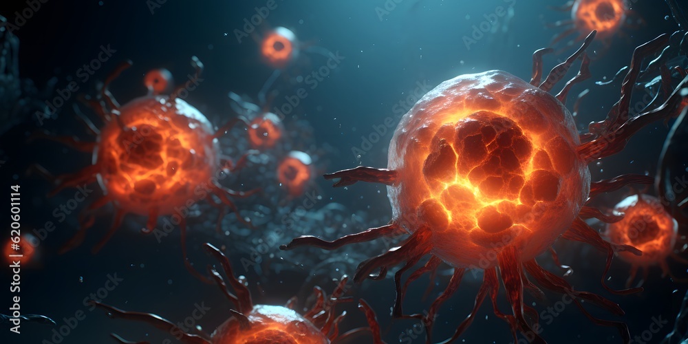 Virus cells, picture of human immune cells, enlarged version