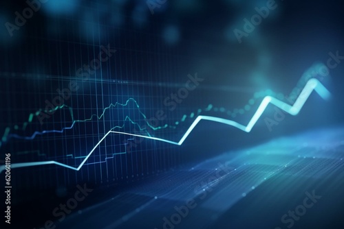 Blue glowing business graph on blurred background. Financial growth, market, stock. 3D rendering. Generative AI