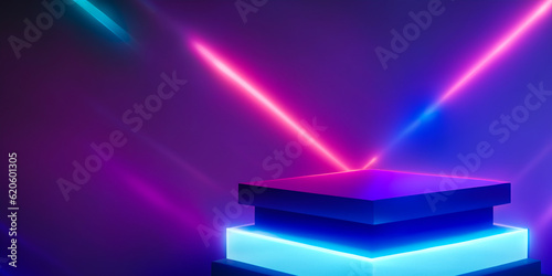 Stage with pedestal and curtains for the show. TV show and product sales. Cinema and study. Space for text and product. Futuristic colors and blue, fuchsia neon lights. AI generative.