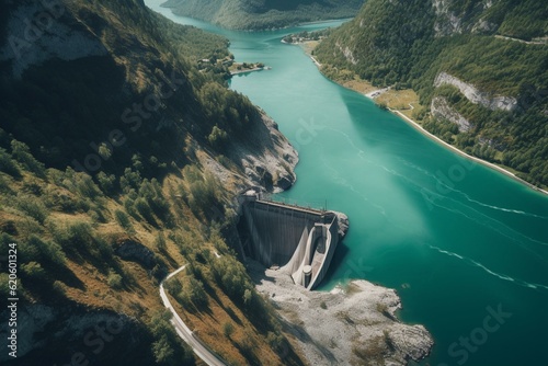 Aerial view of Swiss alps water dam generating renewable hydropower, decarbonizing, limiting global warming in summer. Generative AI