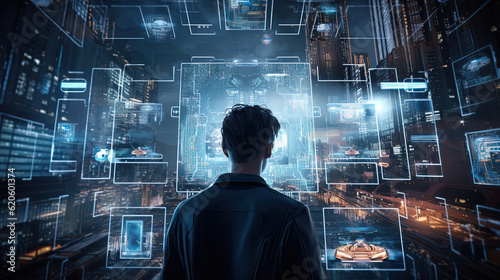 businessman working on a huge screen full of HUD intarface design elements, AI Artificial Intelligence, Data Science, Information technology concept