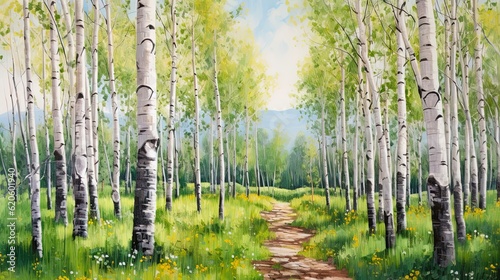 Fototapeta samoprzylepna Krajobraz Aspen Grove w Kolorado: malowniczy las o pięknych kolorach jesienią i wiosną. Wygenerowane przez sztuczną inteligencję