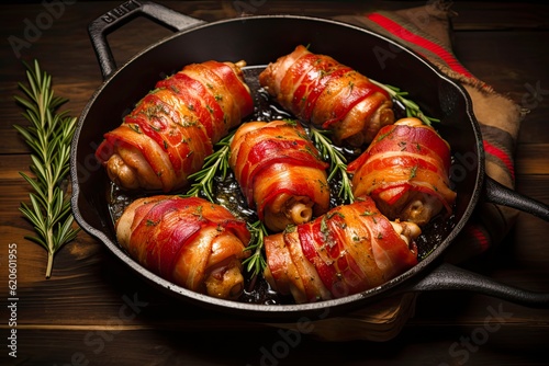 Bacon Wrapped Chicken Drumsticks, Juicy and Smoked. Oven Roasted with Rosemary on Rustic Wooden Table with Green Background. Generative AI