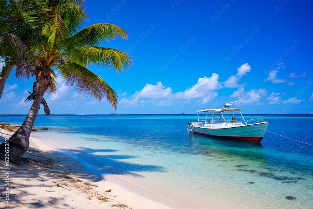 Caribbean Paradise: Little Cayman Beach on South Hole Sound with Boat on Blue Coastline - Cayman Islands Nature Landscape. Generative AI