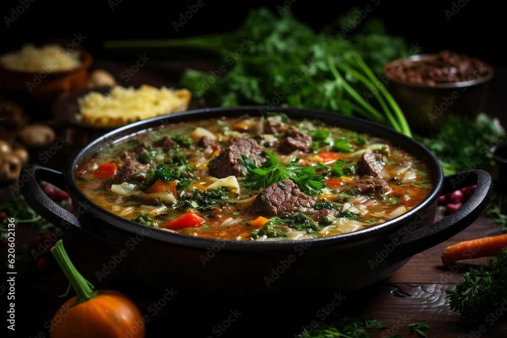 A bowl of soup with meat and vegetables. AI