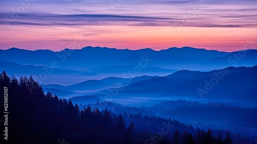 Cascade Mountains at Blue Hour after Sunset: Breathtaking Silhouette of Mountain Landscape for Travel and Tourism Background: Generative AI © AIGen