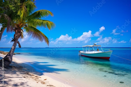 Caribbean Paradise: Little Cayman Beach on South Hole Sound with Boat on Blue Coastline - Cayman Islands Nature Landscape. Generative AI © AIGen